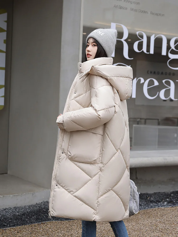 

Winter Rhombic Lattice Loose Cotton Jacket Coat Women's Solid Color Big Pocket Hooded Jackets Casual Medium Long Parka 2023 New