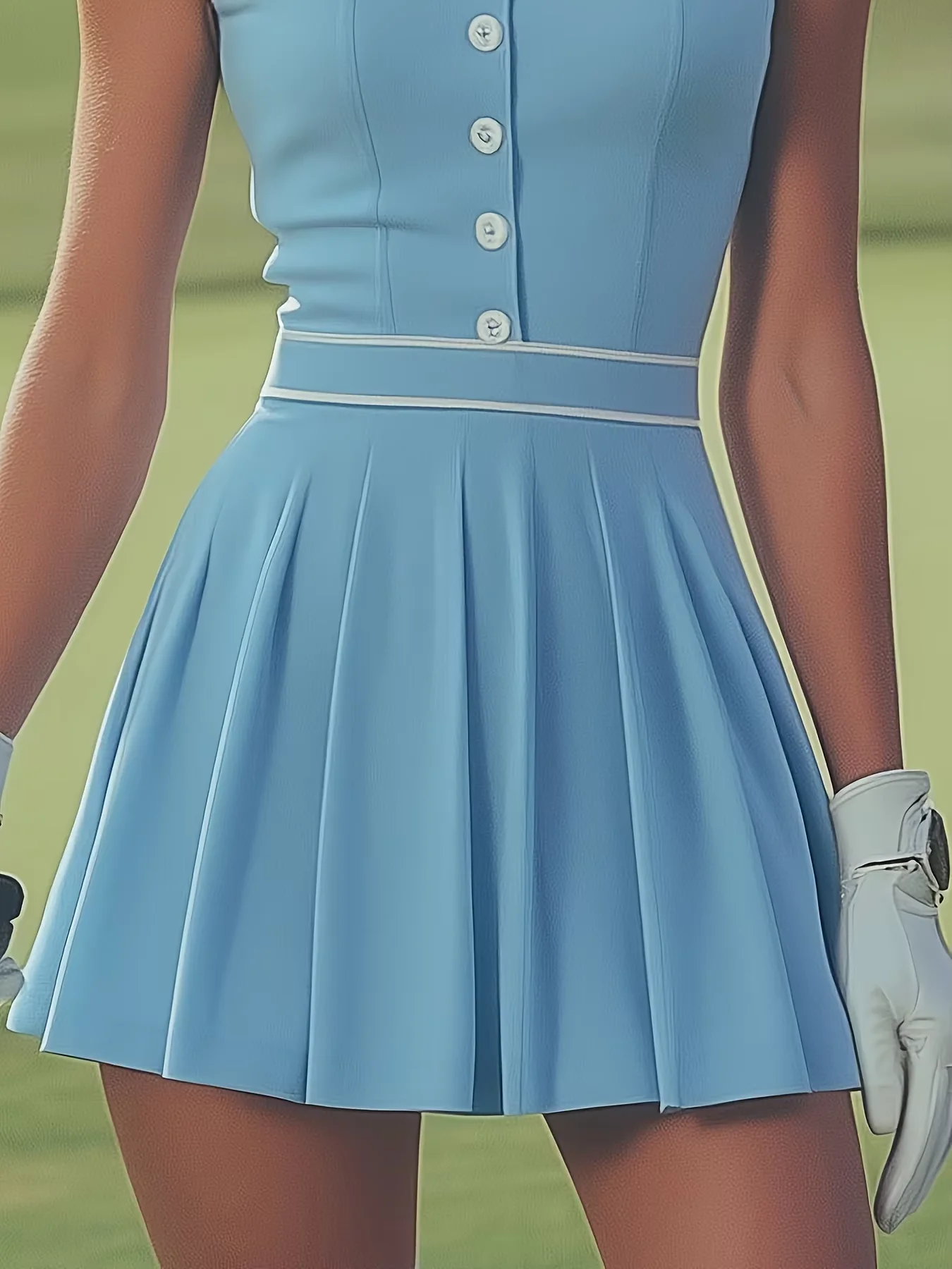 Damen High-Fashion Ärmelloses Kleid Weiß mit Dekorativem Himmelblauem Revers Halb-Reißverschluss-Design für Stilvolle Frauen – Detail 3