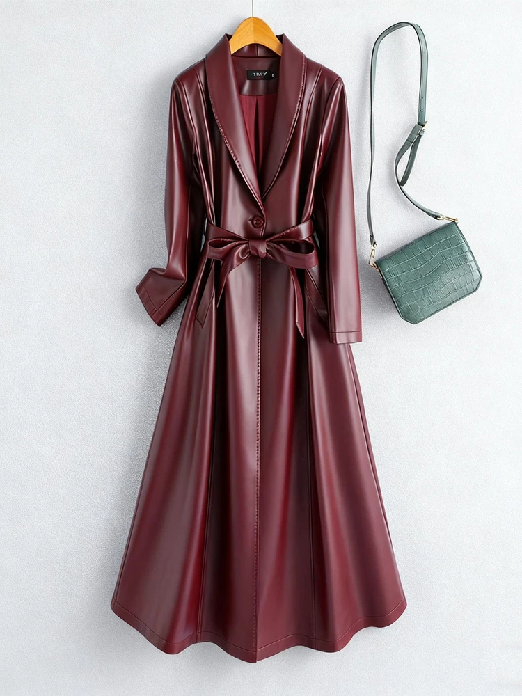 

Genuine Leather Coat Women's Mid-Length Over-Knee Waist-Cinching eepskin Windbreaker Jaet Fall Vintage Commute Sle