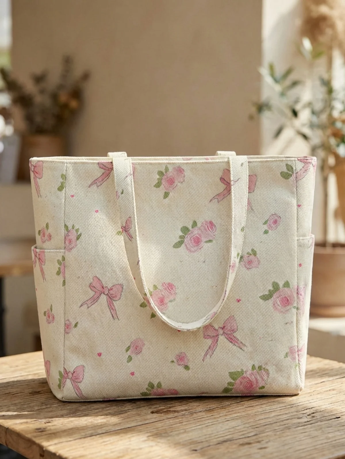 

Женская сумка с принтом в виде банта, вместительная, из холщовой ткани, на плечо, для повседневных поездок и шопинга.