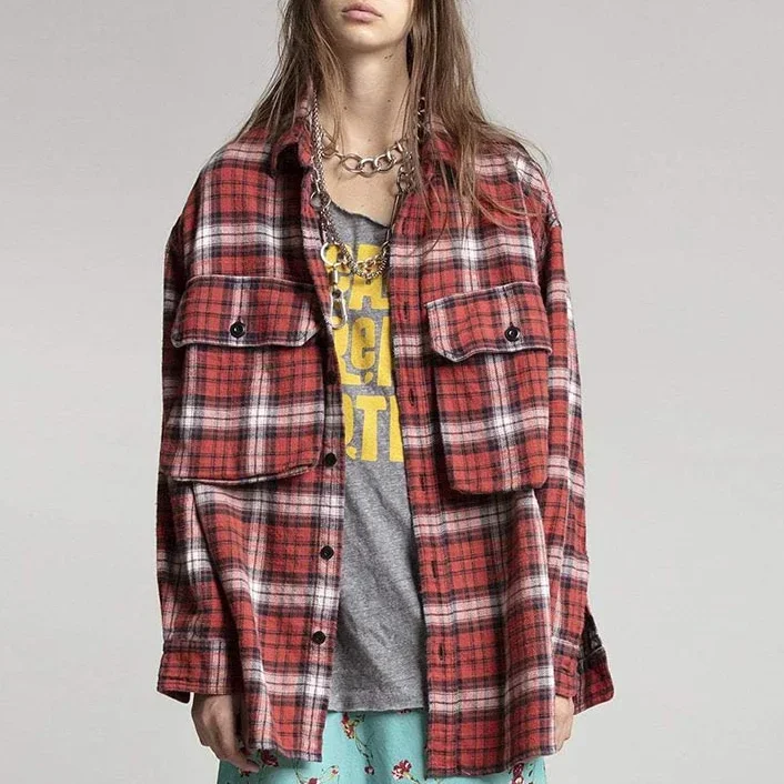 

100% Cotton 2021 Autumn New York Rock Design Red and Black Plaid Flannel Big Pocket Collage Long Shirt