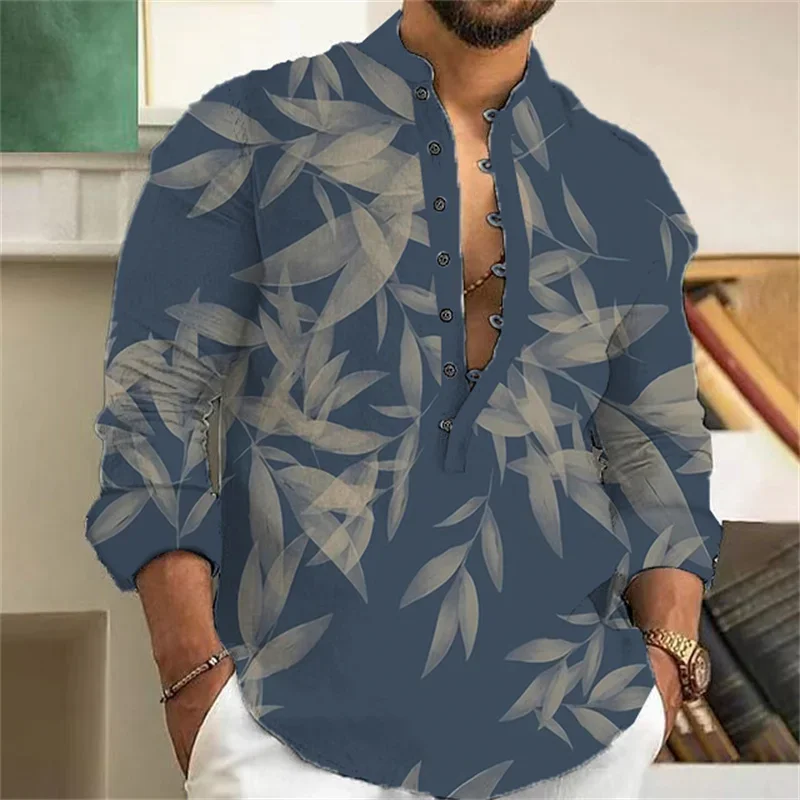 Blended Linen Shirt, 3D Printed Small Animal and Plant Pattern Long Sleeved Casual Shirt