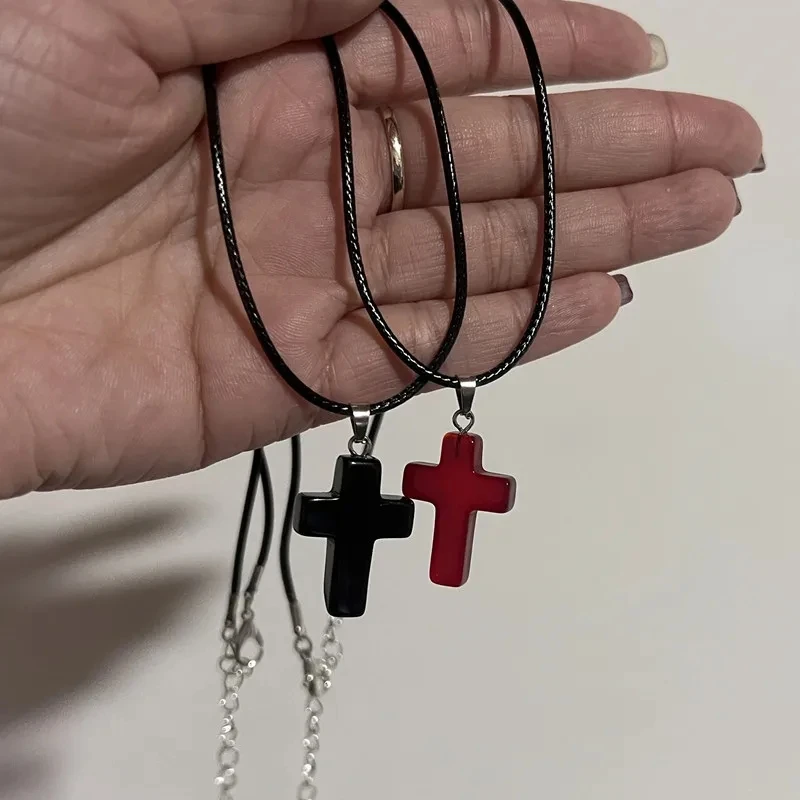 Gothic Vintage Red Glass Cross Pendant Black Bead Rope Chain Necklace For Women Men Y2K Aesthetic EMO Grunge Jewelry Accessories