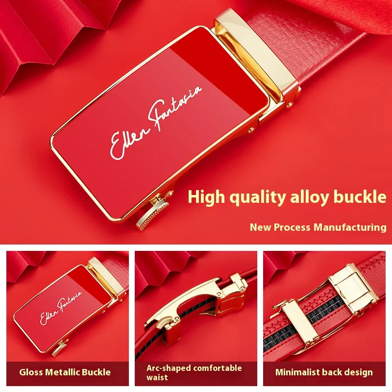 Men belt red leather belt automatic buckle adjustable belt in Europe and the United States personality trend pants belt