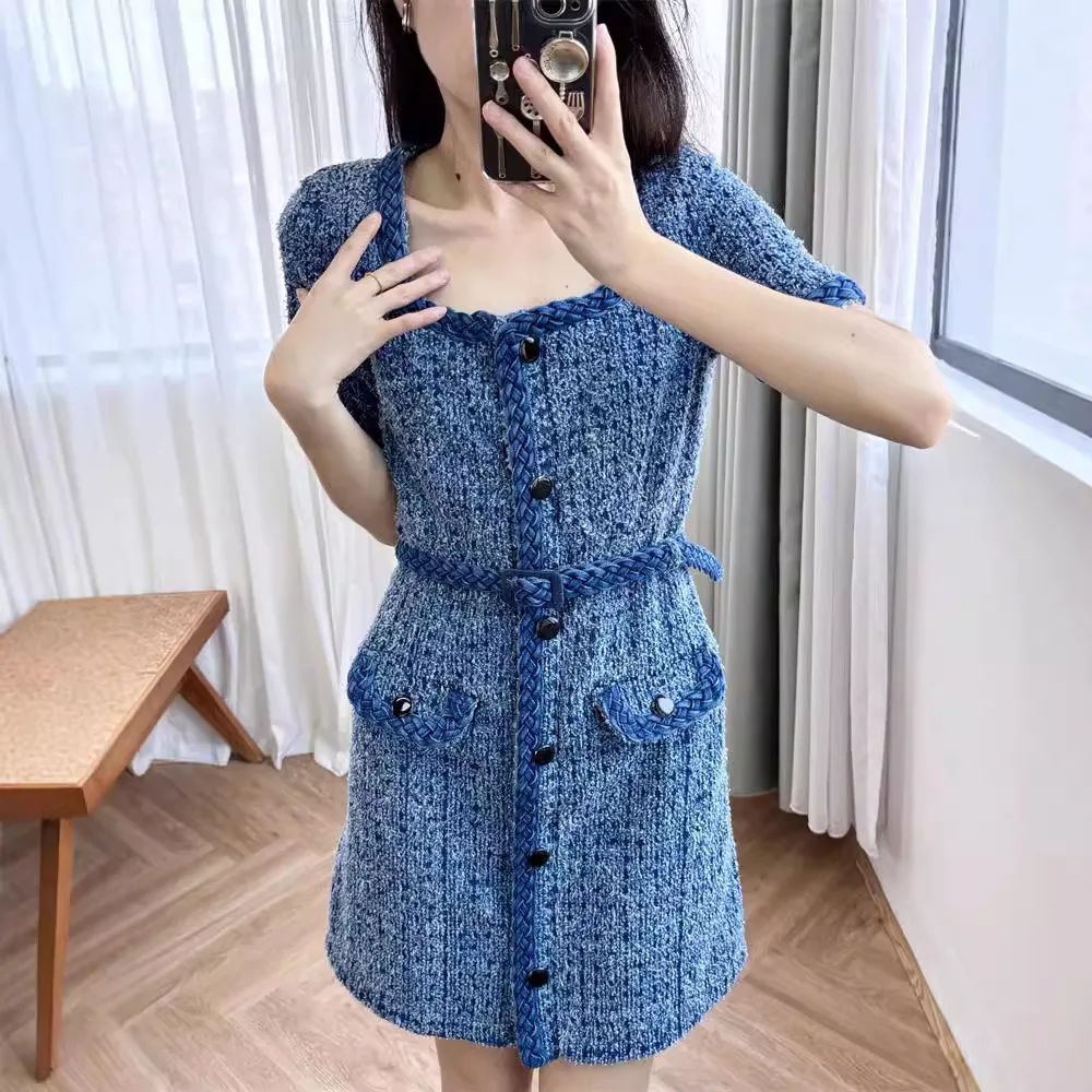 Quality Autumn Winter Denim Blue Coarse Tweed Short Dress Women Elegant Vintage Retro Prom Party Vestidos Mini