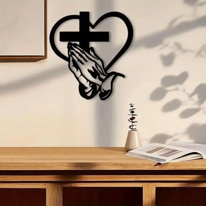 Black Metal Prayer Hand Cross Heart Wall Hanging With Religious Design Perfect For Living Room Bedroom Home Decor