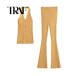 TRAF Spring Summer Women Suit Long Flare Pant Set Ribbed 2 Piece Sets Womens Sexy Outfits Woman 2 pieces Trouser Suits