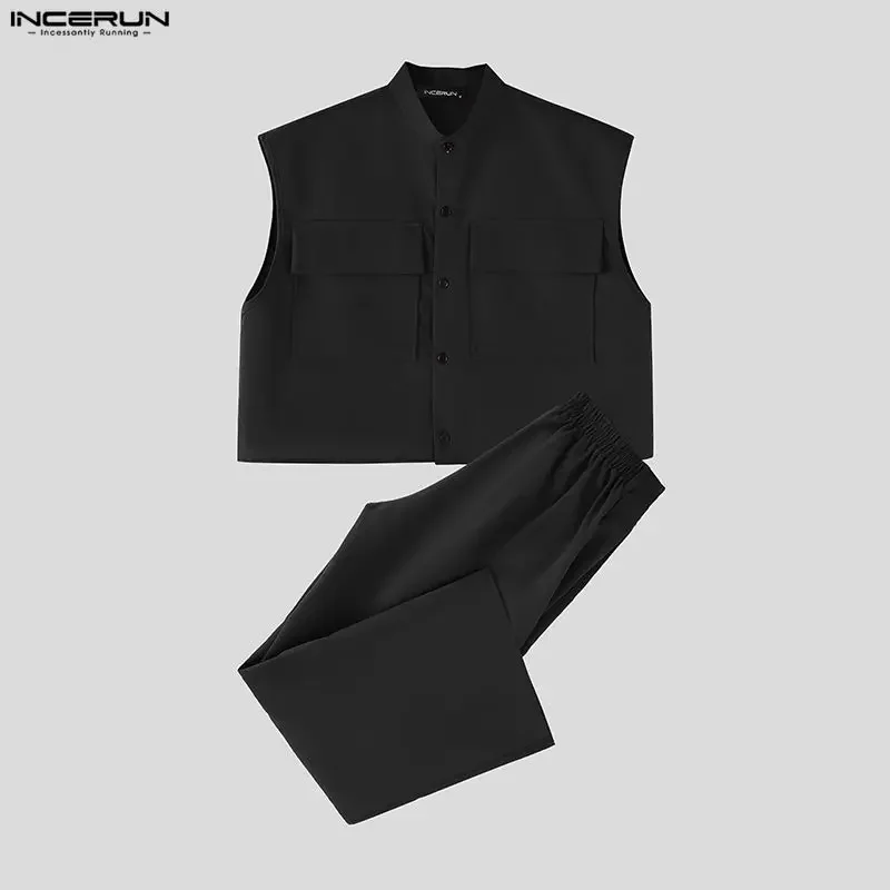 INCERUN Men Sets Solid Sleeveless Crop Tops Shirt Pants 2 Piece Sets Streetwear Loose 2026 Fashion Men's Matching Sets Tracksuit view 4