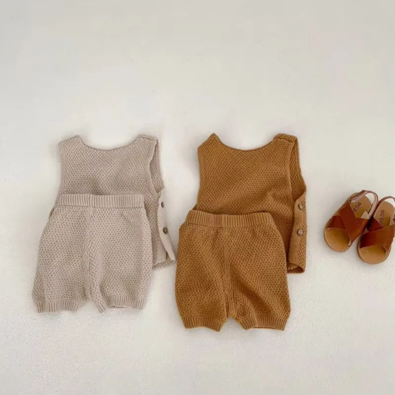 New Summer Ins Baby Knitted Sweater Thin Tank Top with Buckle Up and Shorts 2-piece Set for Boys and Girls DGUKYM