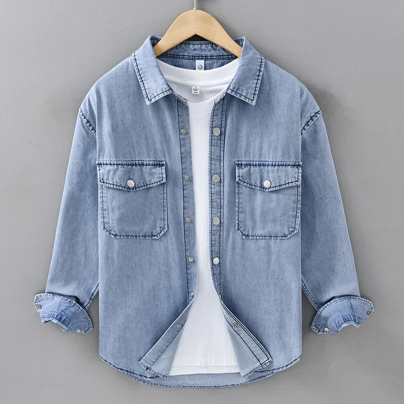 

688 Casual Spring Denim Shirts Thin Jackets For Man Handsome Boyfriend High Street Vintage Solid Color Lapel Long Sleeve Coats