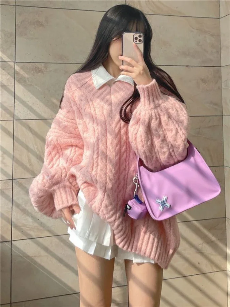 Camisola pullovers feminino na moda aconchegante estilo coreano outono doce manga longa malhas solto streetwear com decote em v retro concurso