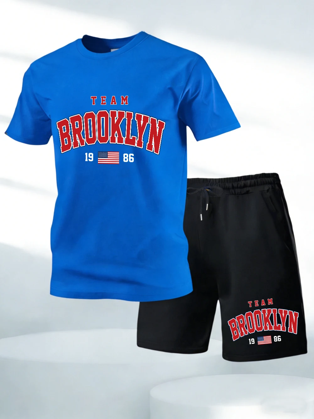 

Two Pieces Set Brooklyn Team Jersey Printed Cotton T-Shirts Pants Mens Soft O-Neck Oversized Tops High Waisted Pocket Shorts