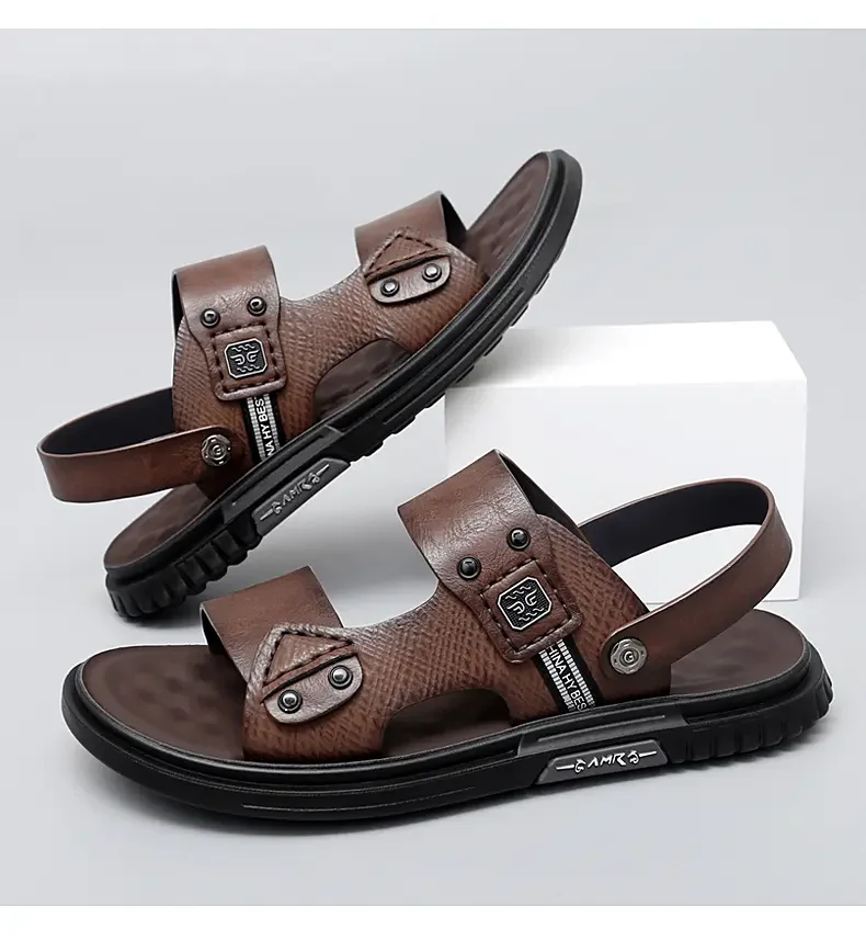 

Summer Men's Leather Casual Sandals Soft Bottom Non Slip Breathable Comfortable Dual Purpose Outdoor Beach Sandals Slippers