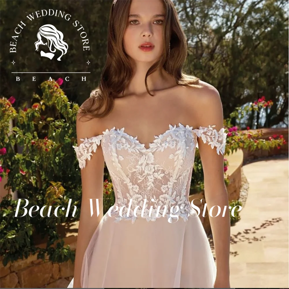

Beach Customized Off Shoulder Sweetheart Neckline Lace Applique Tulle Wedding Dress A Line Silhouette Floor Length Bridal Gowns