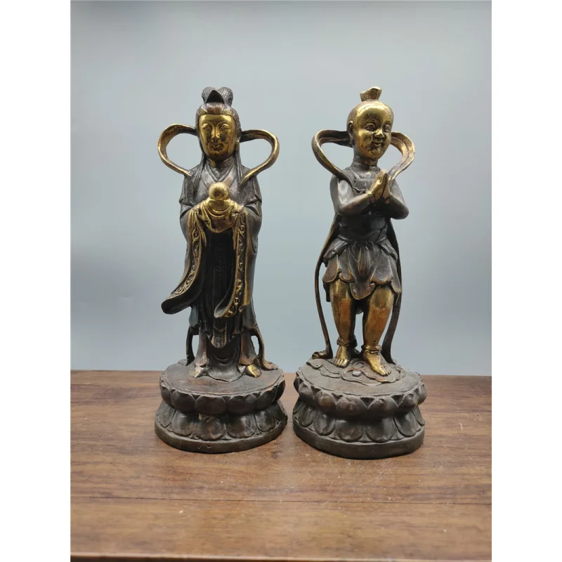 

Brass Golden Girl Jade Girl Ornaments Sudhana Dragon Girl Buddha Statue Boys and Girls Pair Purple Bronze Statue Home Furnishing