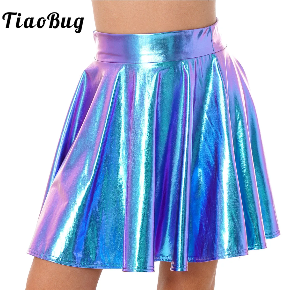 

Fashion Holographic Pleated Skirt Metallic Shiny Wetlook Mini Skirt Women's Low Rise Dance Tutu Party Club Costume Skater Skirt