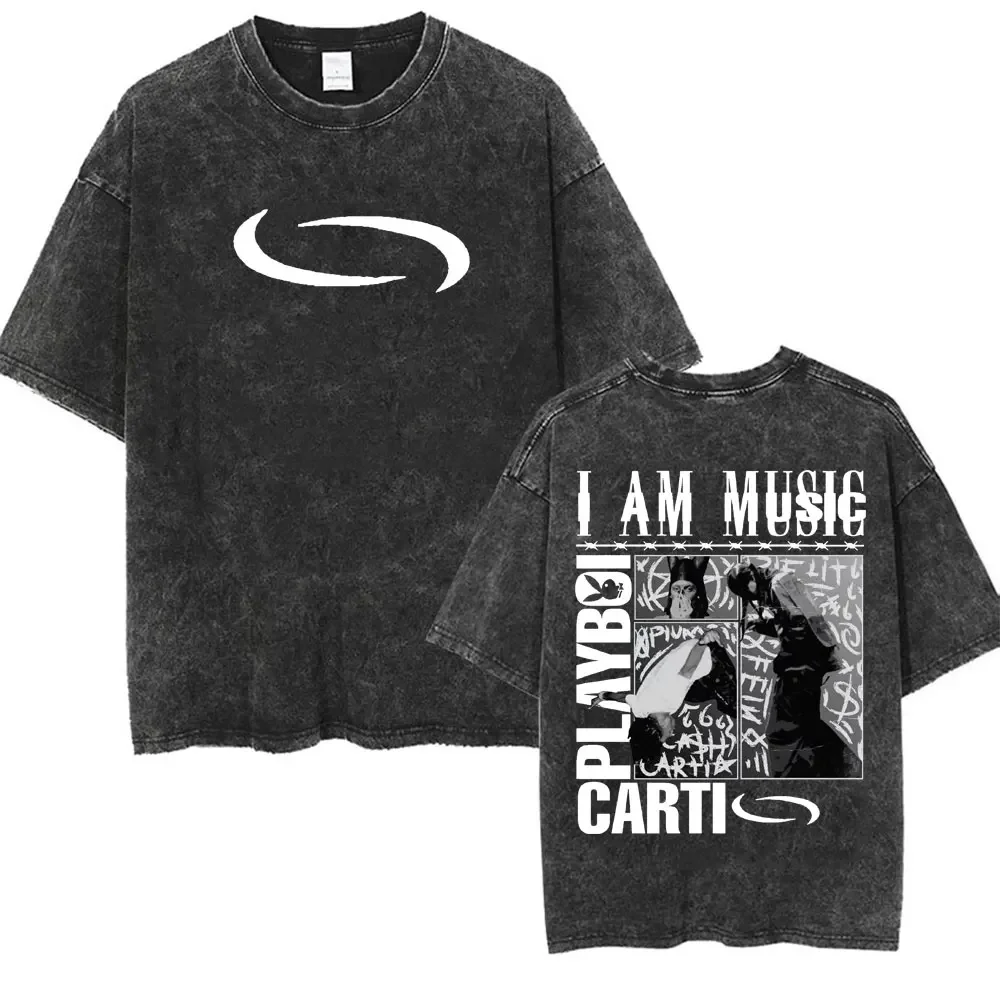 Mens Clothes Tee Shirt Homme Graphic T-Shirts Men Retro Washed Playboi Carti I AM MUSIC Logo Short Sleeved Round Neck Y2k Tshirt