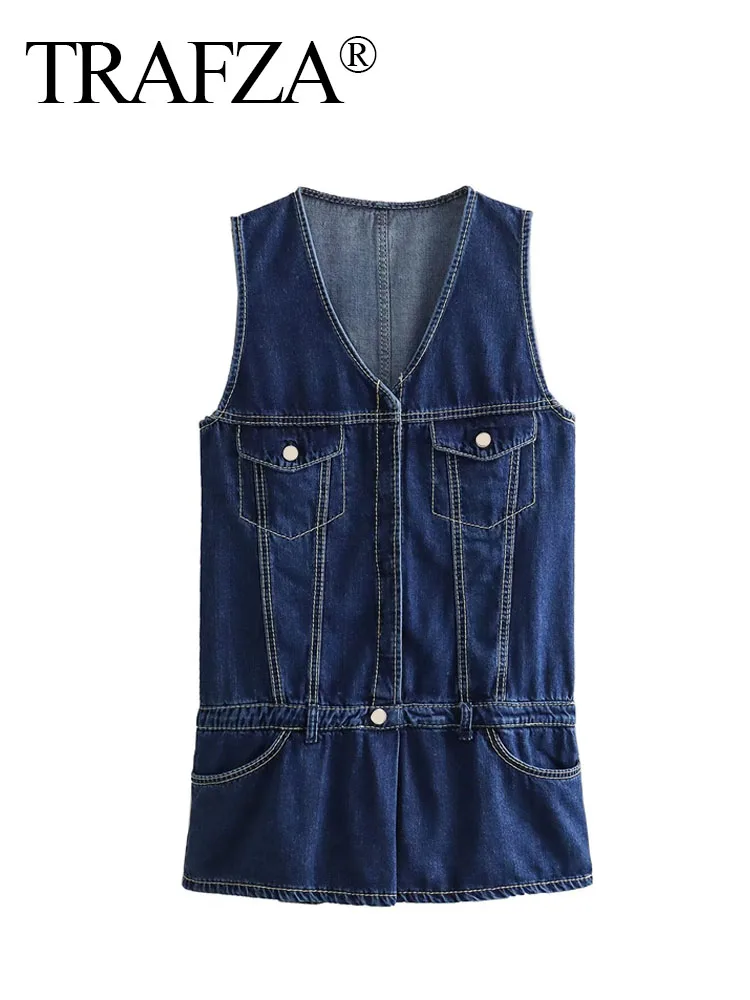 

TRAFZA Summer Female Solid Sleeveless Dew Shoulder Denim Jumpsuit Retro V Neck Pocket Metal Buckle Decorate Jumpsuit Mujer TRAF