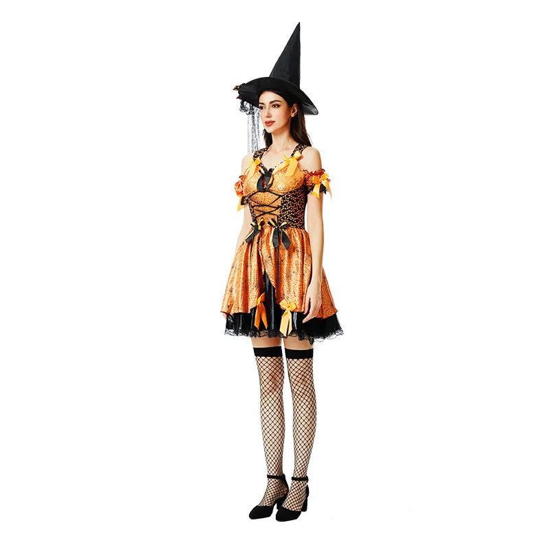 Costume cosplay di Halloween Abiti da strega Abiti da spettacolo in maschera Gonna di zucca Abiti da strega Divertente set da ballo con abito giallo