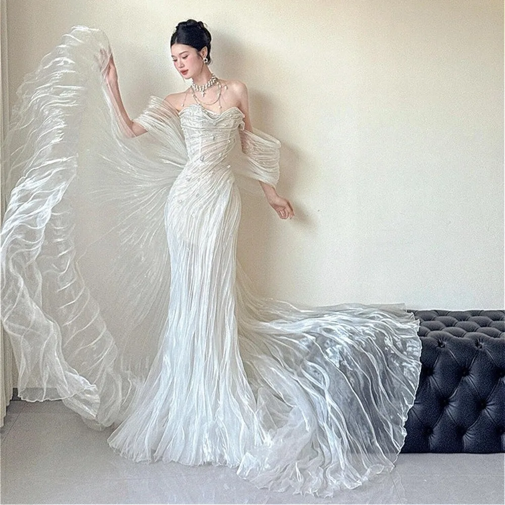 Luxury Unique White Flowing Tulle Mermaid Wedding Dress Beaded Off Shoulder Bridal Gown for Engagement Wedding Photoshoot