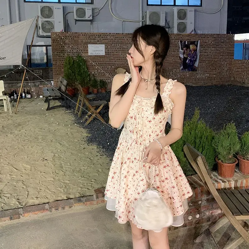 Frauen Floral Hosenträger Mini Kleid Japanischen Süße Gedruckt Bandage Taille A-linie Kleider Sommer Chic Casual Strand Vestidos