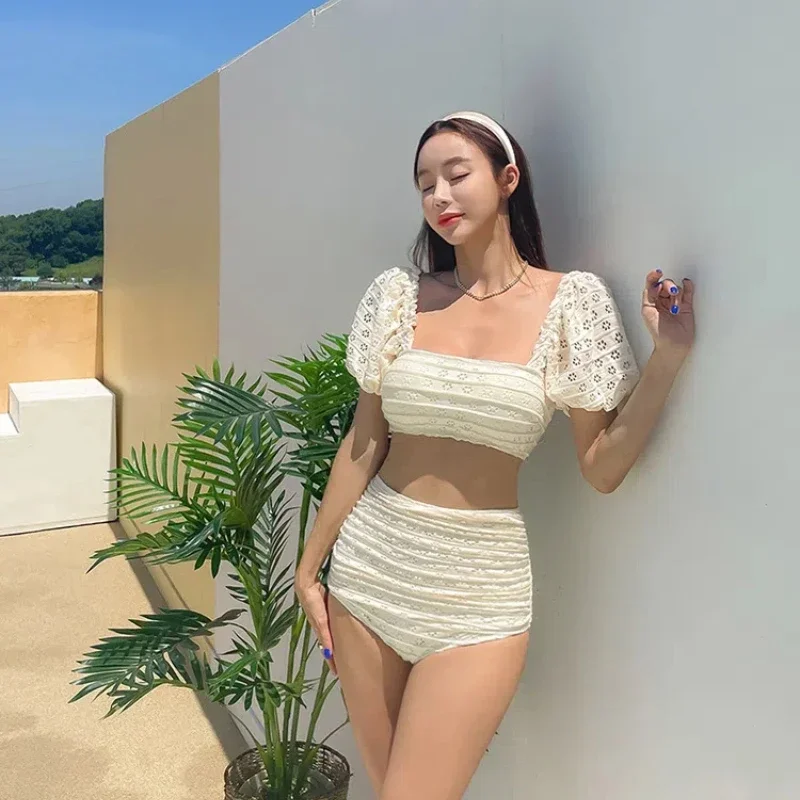 Сексуальное белое бикини с высокой талией 2024, женский купальник, женский купальник с пышными рукавами, корейская пляжная одежда, купальный костюм из двух предметов, бикини