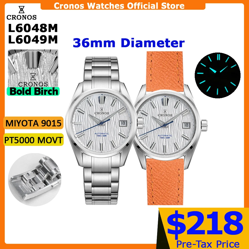 Cronos Men Watch 36mm Automatic PT5000 Miyota 9015 Movement Wristwatches White Dial Birch Pattern Sapphire 10 ATM L6049M