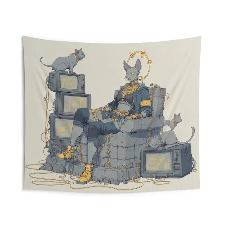 Cyberpunk cat pharaoh tapestry ancient Egyptian futuristic art bedroom wall decor sci fi fantasy mural