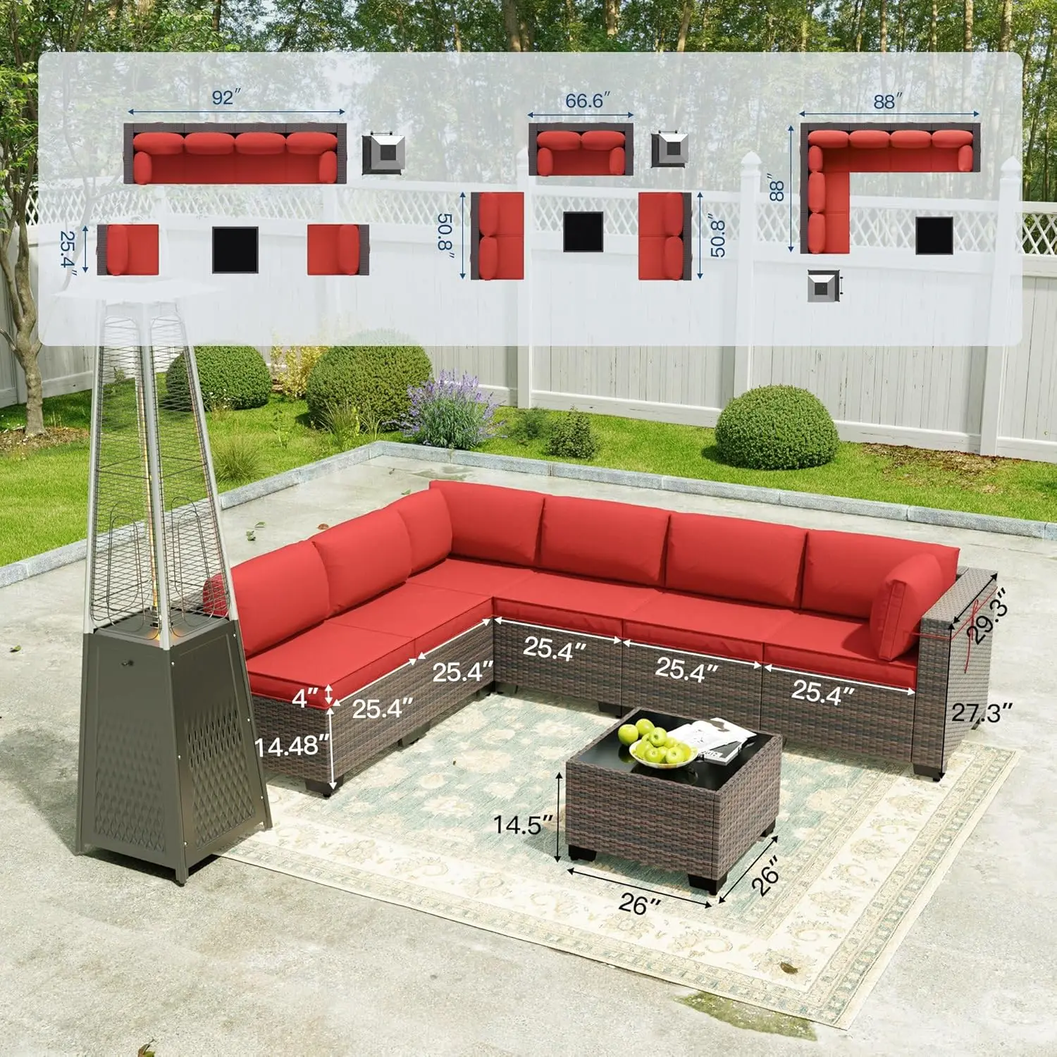 Outdoor Patio Furniture Set with with BTU Outdoor Pyramid Patio Heater,PE Wicker Rattan Sectional Sofa Patio Conversation Set