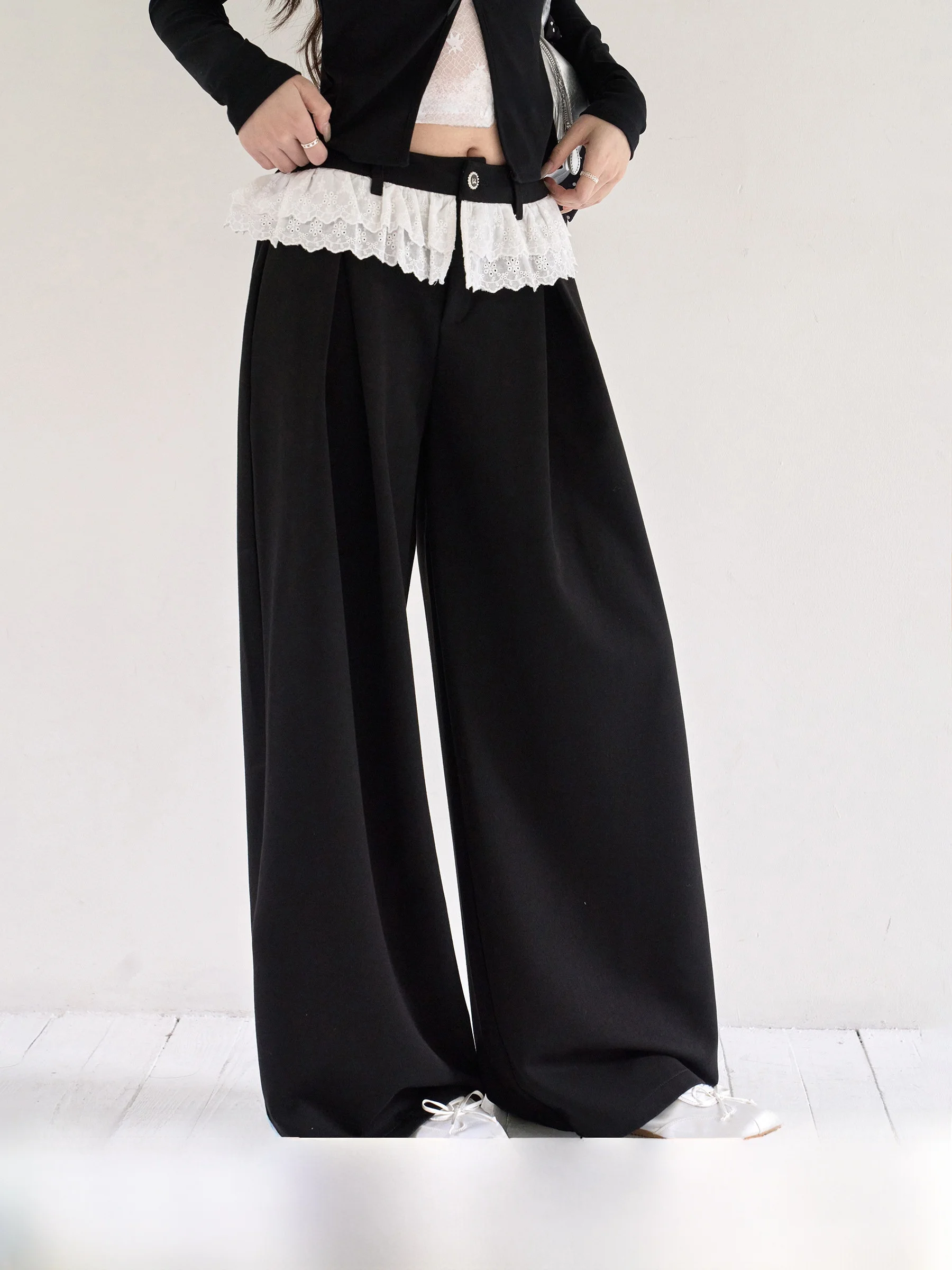 

Elegant High Waist Wide Leg Pants Women's Loose Casual Trousers Lace Trim Straight Cut Spring Summer Fashion Magnetism