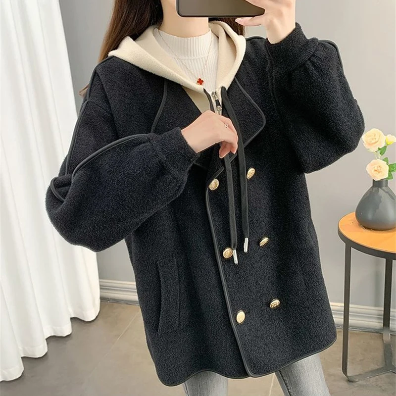 Hooded Fake Two Items Woolen Ladies Outwear Winter Medium Long Styles Double Sided Female Top Korean Large Size 5XL Women Jacket