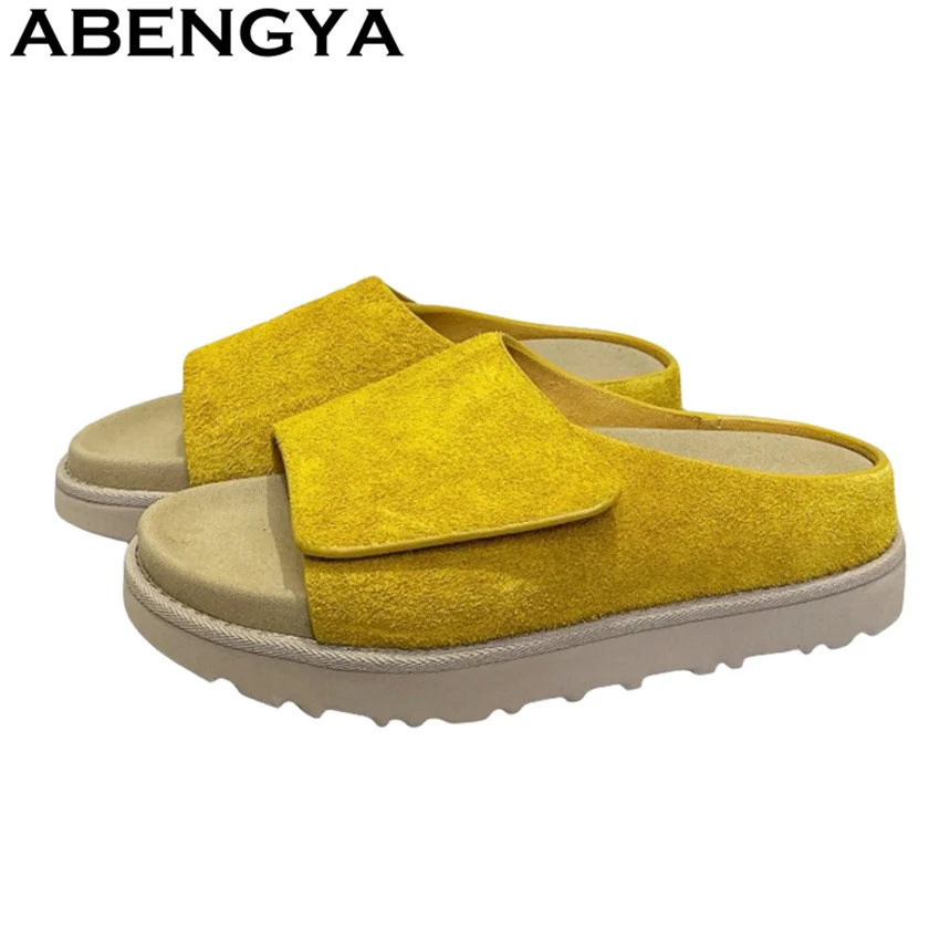

ABENGYA 2025 New Suede Round Open Toe loafers Slippers Women Obese Casual Comfort Flat Slippers Summer Fashion Mules Shoes Woman