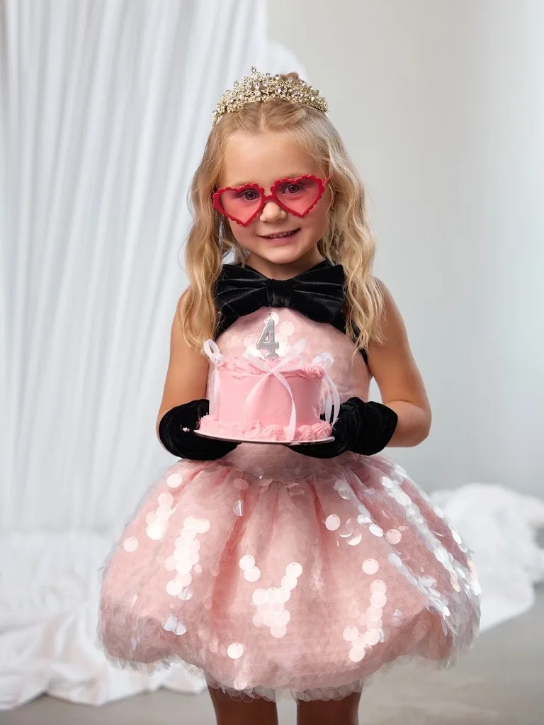 Pink Sequin Tulle Girl Birthday Dress Big Black Bow Halter Lace Up Back Toddler Princess Party Pageant Kids Formal Ball Gown