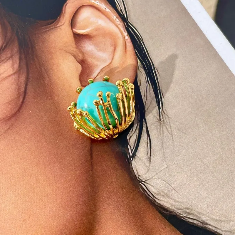 Draweye الحلو الزهور وأقراط للنساء الفيروز قصر نمط مجوهرات أنيقة موضة خمر بسيطة Pendientes Mujer