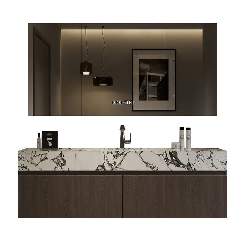 LMMBathroom Double Basin Washbasin Integrated Handwashbasin Counter Basin Cabinet Set