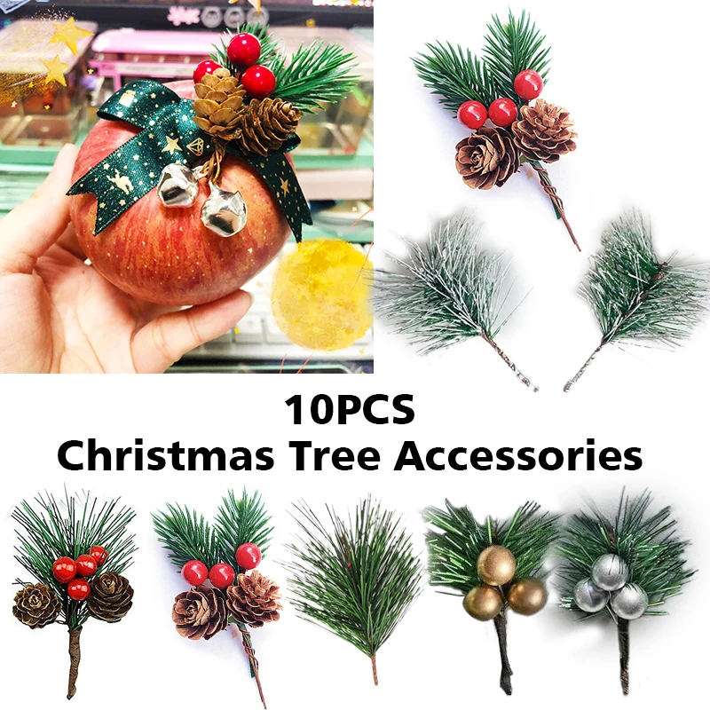 10Pcs Mini Xmas Tree Ornaments Artificial Pine Needles Pinecone Red Berry Decoration for Happy New Year Party Gifts Home Decor