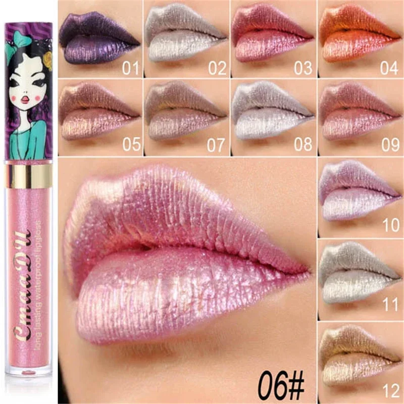 Cmaadu brillo de labios belleza chica diamante brillo tinte de labios impermeable de larga duración 12 colores oro flash lápiz labial líquido maquillaje