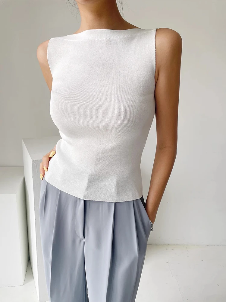 

Chic Summer Svel Knitted Vest Women's Slim Fit Pure Color One-oulder Top Commute Sle Korean Version Regular Length