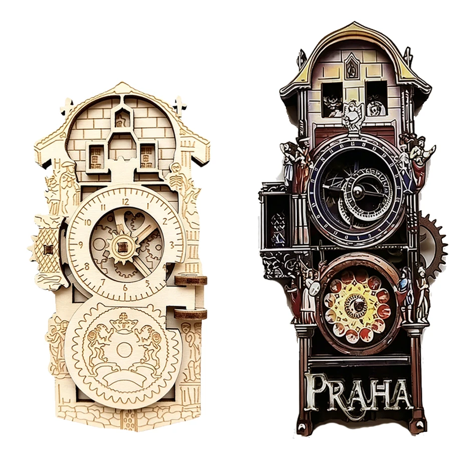 Prague Astronomical Clock Wooden Fridge Magnet, Prague Square Gear Carving Souvenir, Home Ornament for Locker & Cabinet Decor