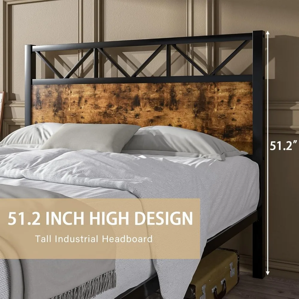 إطار سرير بحجم كينج مع لوح رأسي طويل 51.2 - شرائح معدنية شديدة التحمل، نمط منصة، لا حاجة إلى صندوق زنبركي #4