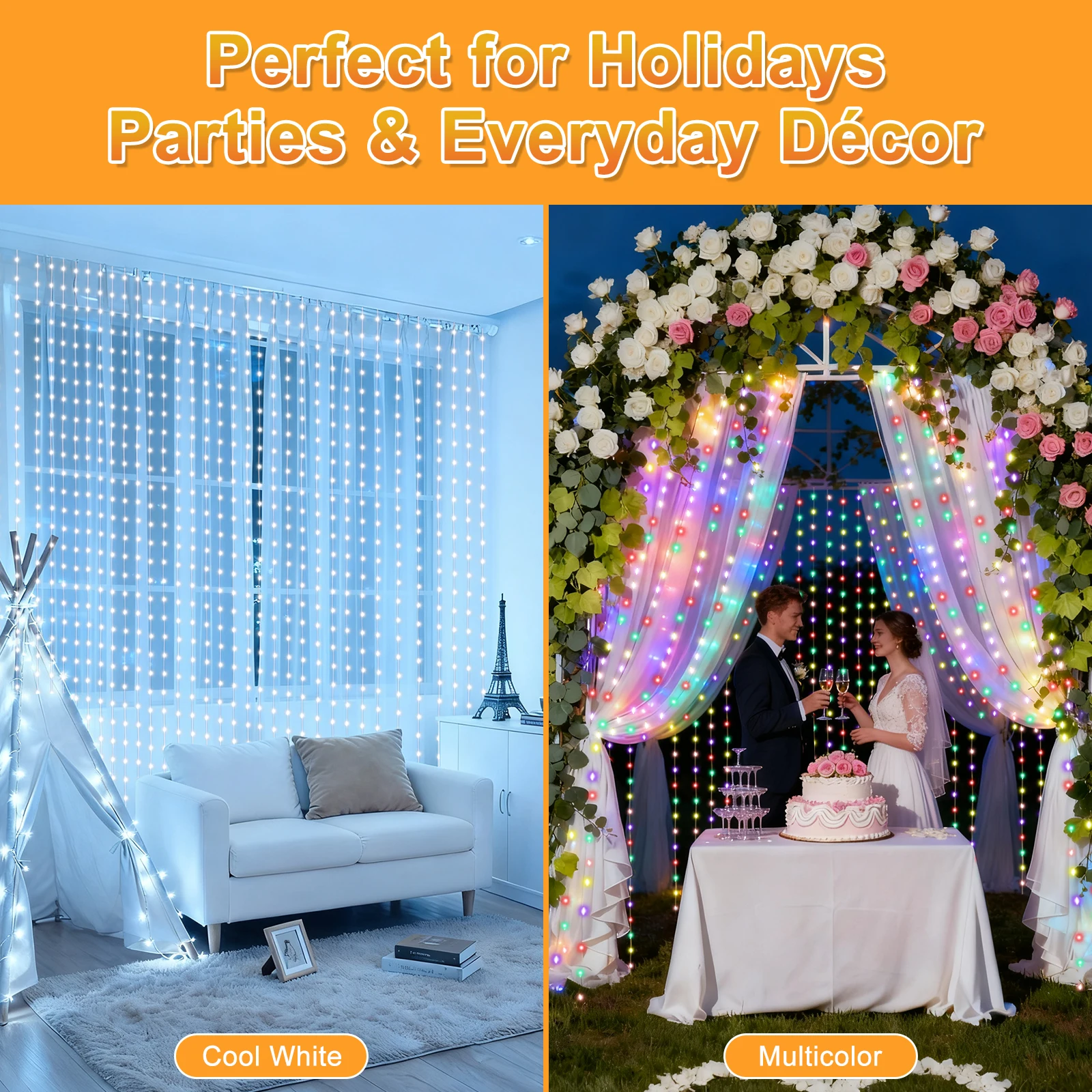 19.7FT 600 LED Curtain String Lights with Remote, Fairy Lights for Halloween Christmas Decor, Timing & Memory, IP54 Waterproof Snowproof, DIY Cool White Multicolor for Home Garden Wedding Party