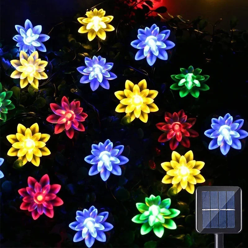 Lotus Solar Flower String Lights Outdoor Waterproof Cherry Blossom String Light 8 Modes Fairy Light for Patio Garden Party Decor