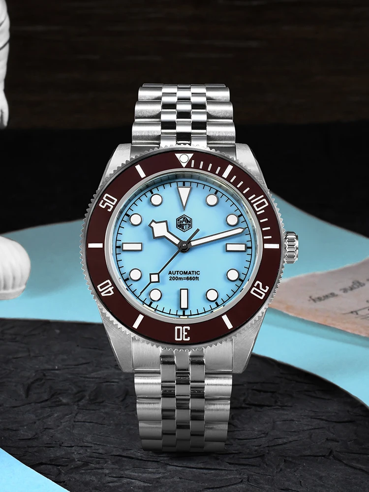 San Martin 40mm Enamel Dial NH35 Automatic Watch Men Brown Bezel Luxury Snowflake BGW-X1 Sapphire Dive SN0128