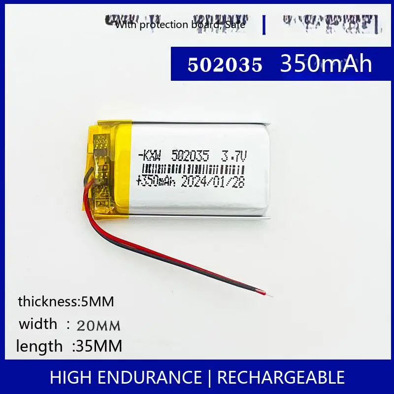 

502035 350 мАч 3,7 В перезаряжаемая липо-полимерная батарея GPS-трекер BT-гарнитура MP3 DIY