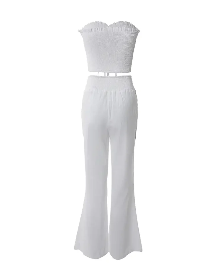 Women's Two Piece Set Elegant Commuting Drawstring Ruched Straight Bandeau Crop Top and Shirred High Waist Sweatpants Sets