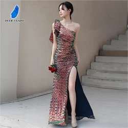 DEERVEADO Women's One Shoulder Slit Formal Occasion Dress Evening Party Maxi Dress Chic Prom Gown