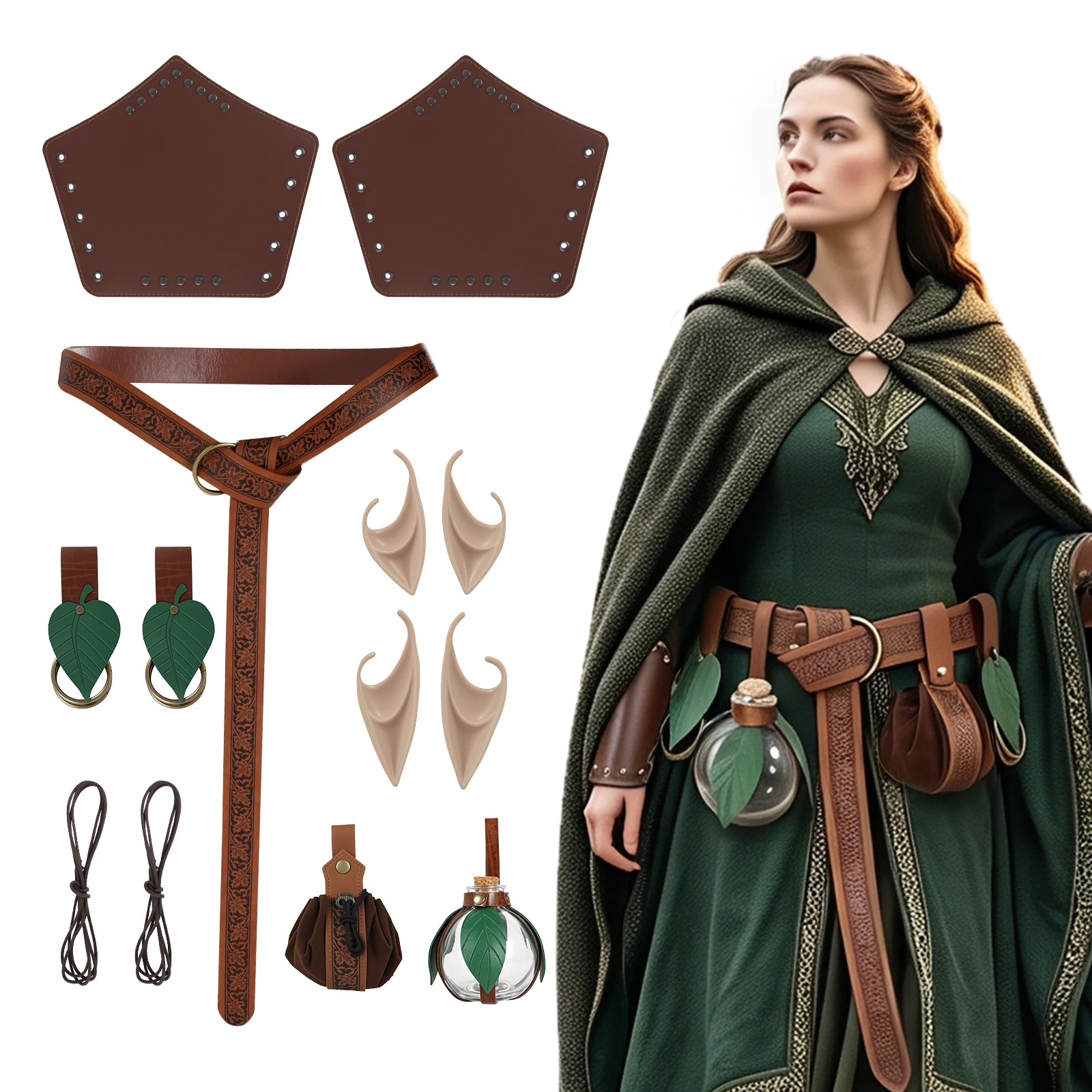 Renaissance Fantasy Belt Kit Faux Leather Costume Belt Medieval Elf Ear Pouch Outfit Accessories for Cosplay Drama Stage Shows