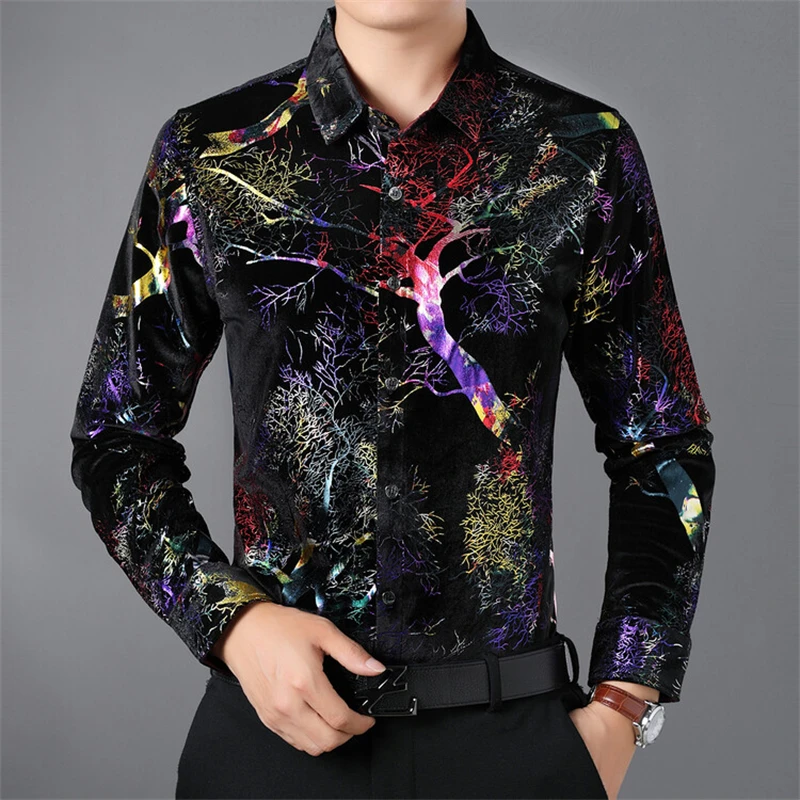 Bronzing Luxury Chinese Style Shirts For Men Long Sleeved Casual Spring New Quality Velvet Smooth Comfortable Slim Chemise Homme