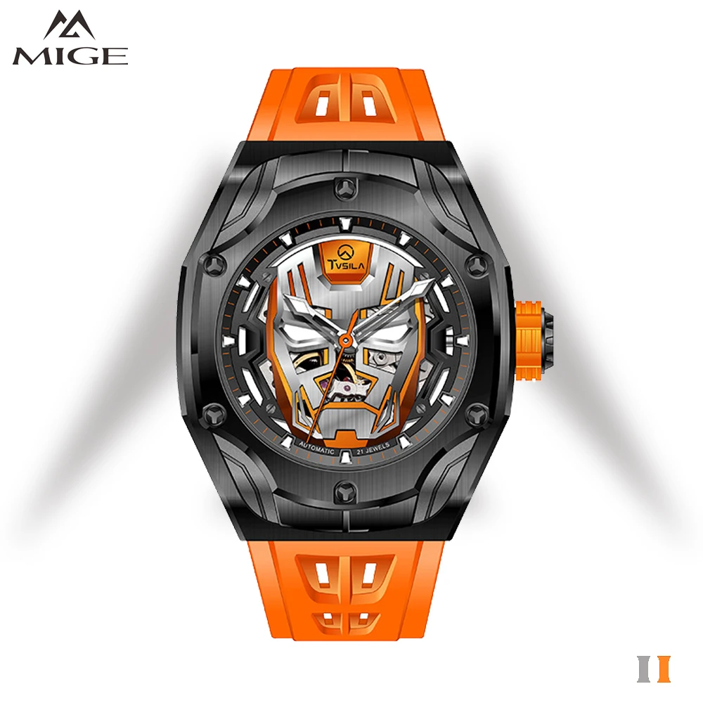 

MIGE оригинальные мужские автоматические механические часы Miyota, корпус из нержавеющей стали, силиконовый ремешок, водонепроницаемые спортивные наручные часы со скелетом