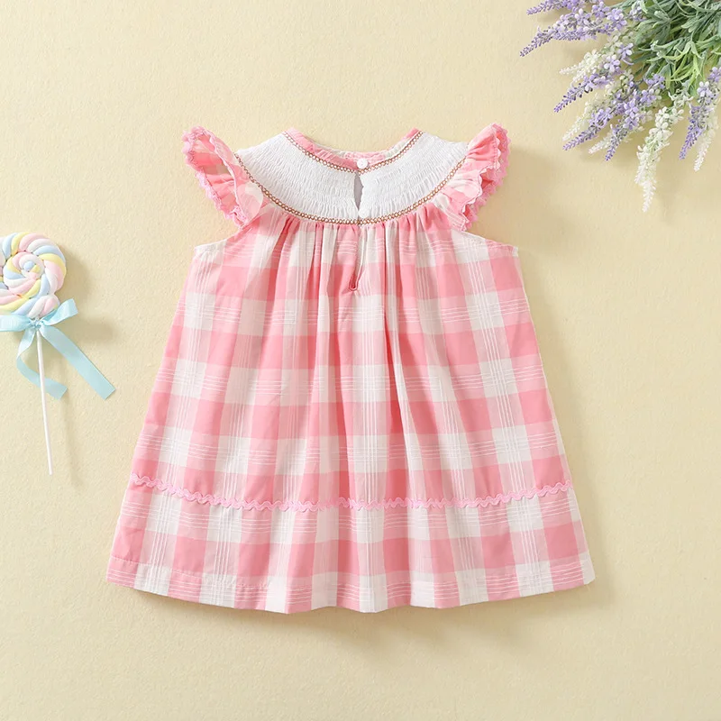 Plaid Fashion Princess Dress For Baby Girls Kids Boutique Clothing Pink Handmade Embroidery Dresses Children Flying Sleeve Frock